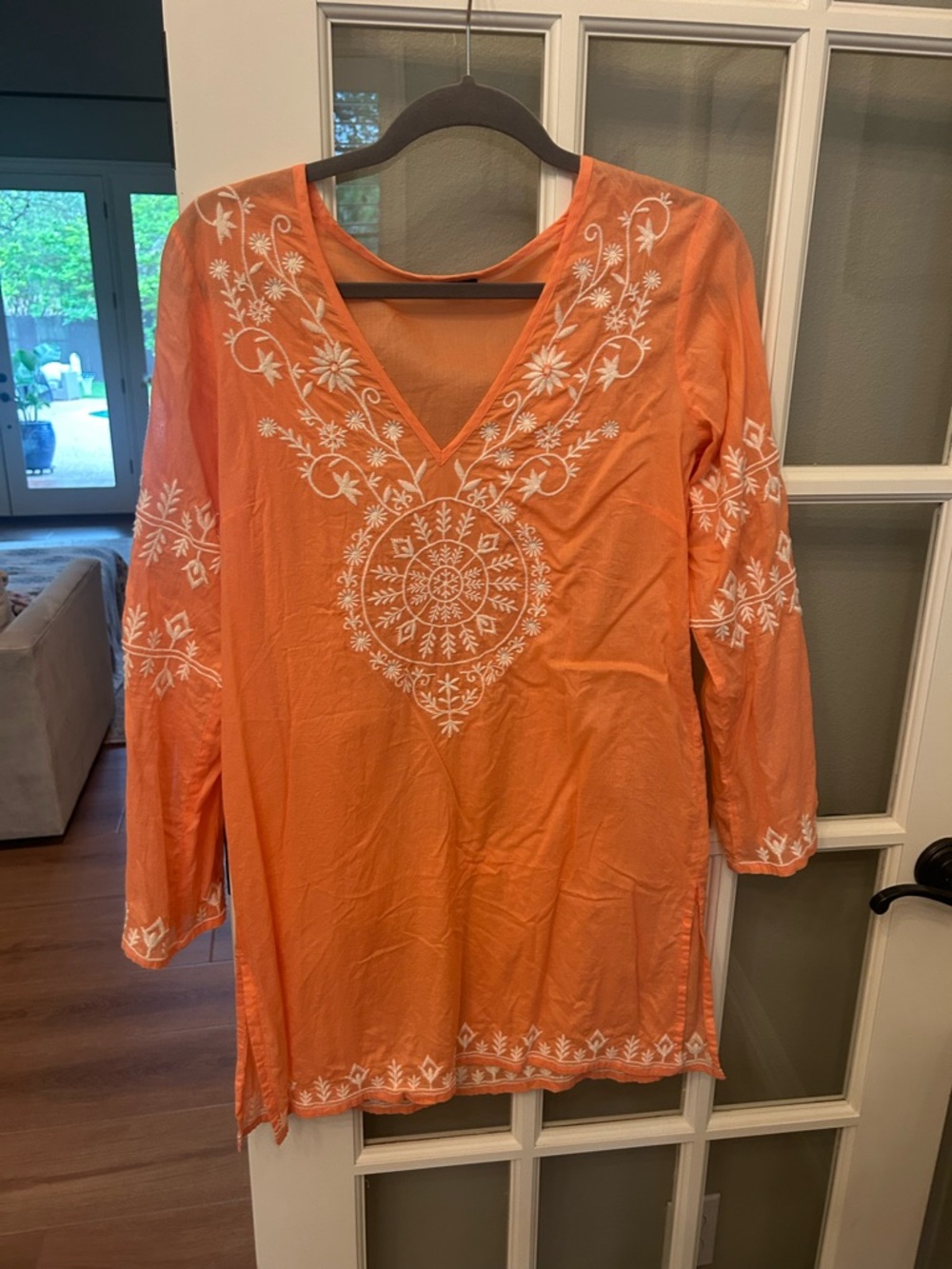 Orange Embroidered V-Neck Swim Coverup Tunic